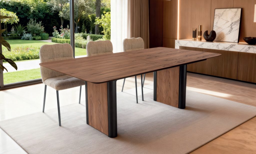 TABLE DE SALLE À MANGER ECLIPSE PLACAGE NOYER + CHAISES FOREST