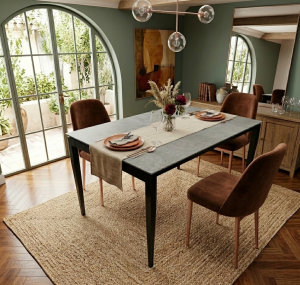 Mesa de comedor Millenium 2 patas cónicas tapa Dekton + sillas Blanca