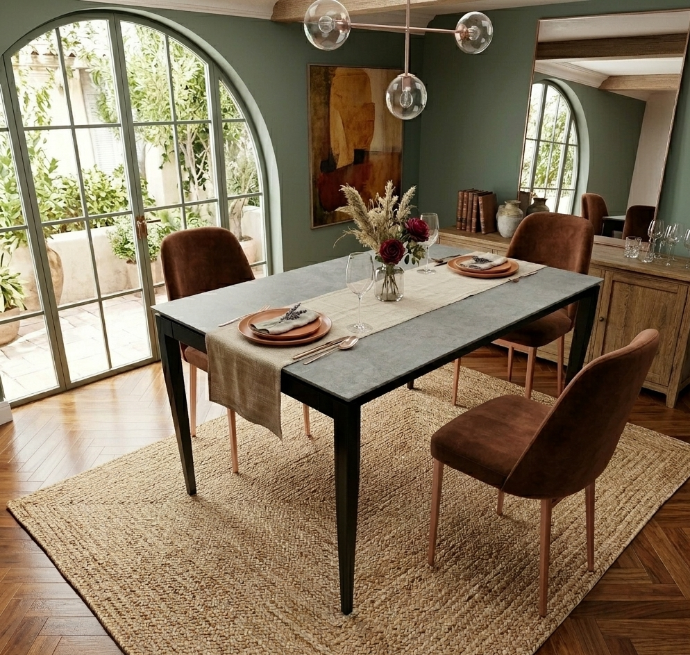 Mesa de comedor Millenium 2 patas cónicas tapa Dekton + sillas Blanca